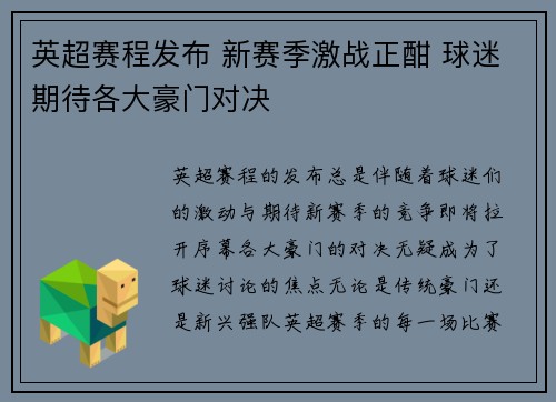 英超赛程发布 新赛季激战正酣 球迷期待各大豪门对决