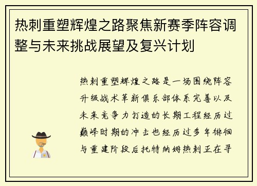热刺重塑辉煌之路聚焦新赛季阵容调整与未来挑战展望及复兴计划